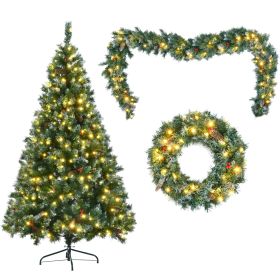 6 Feet Dark Green Pine Christmas Tree, Pre-Installed Lighting Set With Tree, Garland & Garland, Hinged Artificial Christmas Tree,