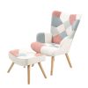 Accent Chair with Ottoman, Living Room Chair and Ottoman Set, Comfy Side Armchair for Bedroom, Creative Splicing Cloth Surface, pink