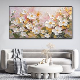 Hand Painted Oil Painting White Cherry Blossom Landscape Art 3D Floral Original Canvas Oil Painting Modern Green Plants Textured Wall Art Spring Decor (size: 150x220cm)