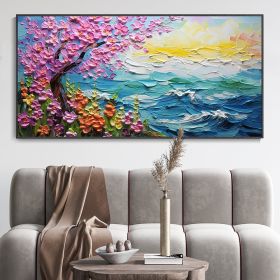 Hand Painted Oil Painting Abstract Pink Tree Texture Oil Painting Colorful Flower Canvas Art Blue Ocean Home Decor Modern Wall Decor Sunrise Mural (size: 40x80cm)