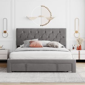 Queen Size Storage Bed Velvet Upholstered Platform Bed with a Big Drawer (Color: grey)