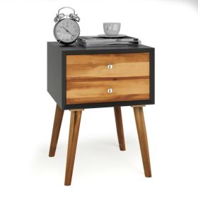 Mid-Century Wooden Multipurpose End Table with 2 Storage Drawers (Color: black)