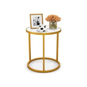 End Table with Metal Frame for Modern Living Room and Bedroom (Color: White & Gold)