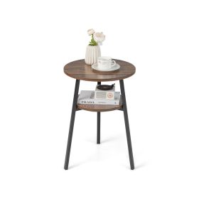 Simple Style 2-Tier Round End Table with Metal Frame (Color: Brown)