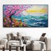 Hand Painted Oil Painting Abstract Pink Tree Texture Oil Painting Colorful Flower Canvas Art Blue Ocean Home Decor Modern Wall Decor Sunrise Mural