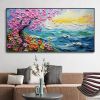 Hand Painted Oil Painting Abstract Pink Tree Texture Oil Painting Colorful Flower Canvas Art Blue Ocean Home Decor Modern Wall Decor Sunrise Mural