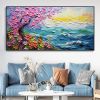 Hand Painted Oil Painting Abstract Pink Tree Texture Oil Painting Colorful Flower Canvas Art Blue Ocean Home Decor Modern Wall Decor Sunrise Mural