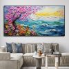 Hand Painted Oil Painting Abstract Pink Tree Texture Oil Painting Colorful Flower Canvas Art Blue Ocean Home Decor Modern Wall Decor Sunrise Mural