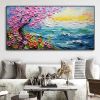 Hand Painted Oil Painting Abstract Pink Tree Texture Oil Painting Colorful Flower Canvas Art Blue Ocean Home Decor Modern Wall Decor Sunrise Mural