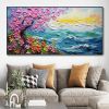 Hand Painted Oil Painting Abstract Pink Tree Texture Oil Painting Colorful Flower Canvas Art Blue Ocean Home Decor Modern Wall Decor Sunrise Mural